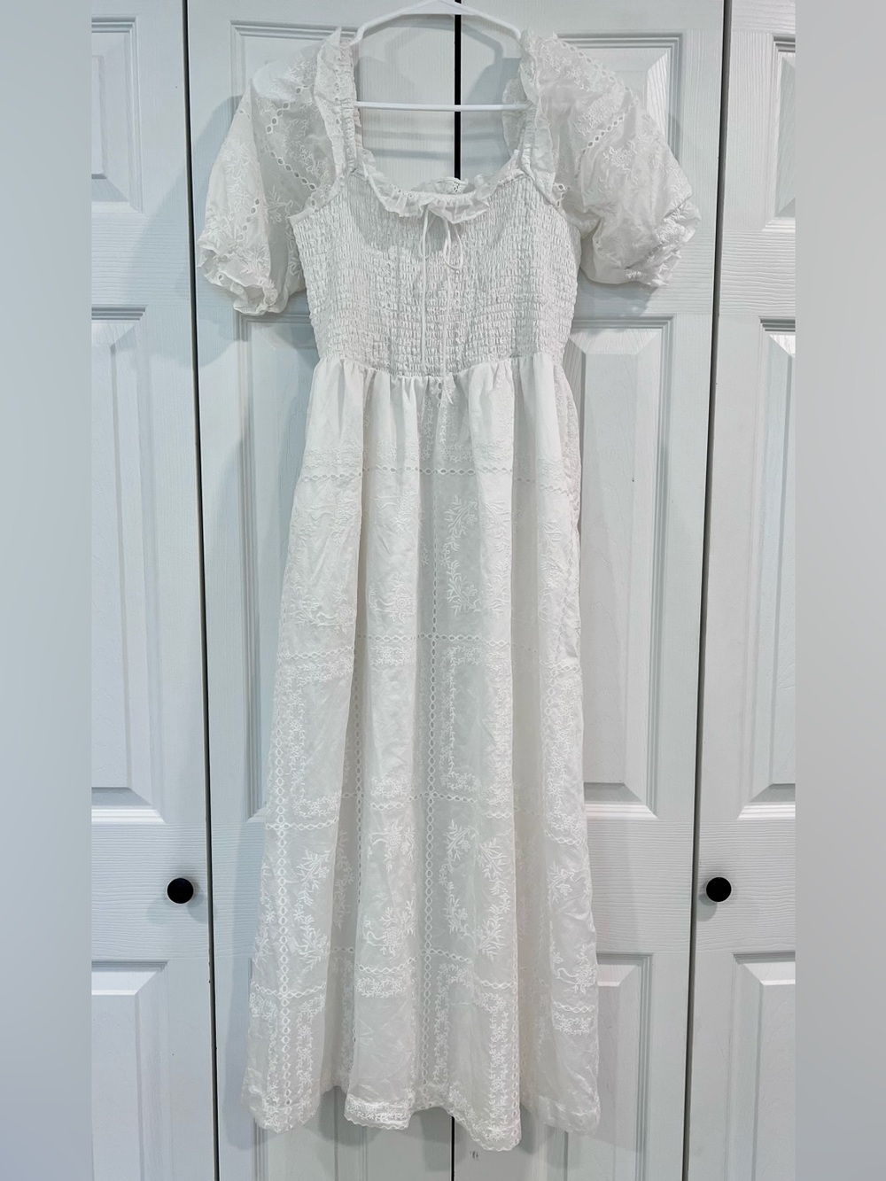 Caroline Constas White Eyelet Patch Maxi Dress with Puff Sleeves - Picture 5 of 9